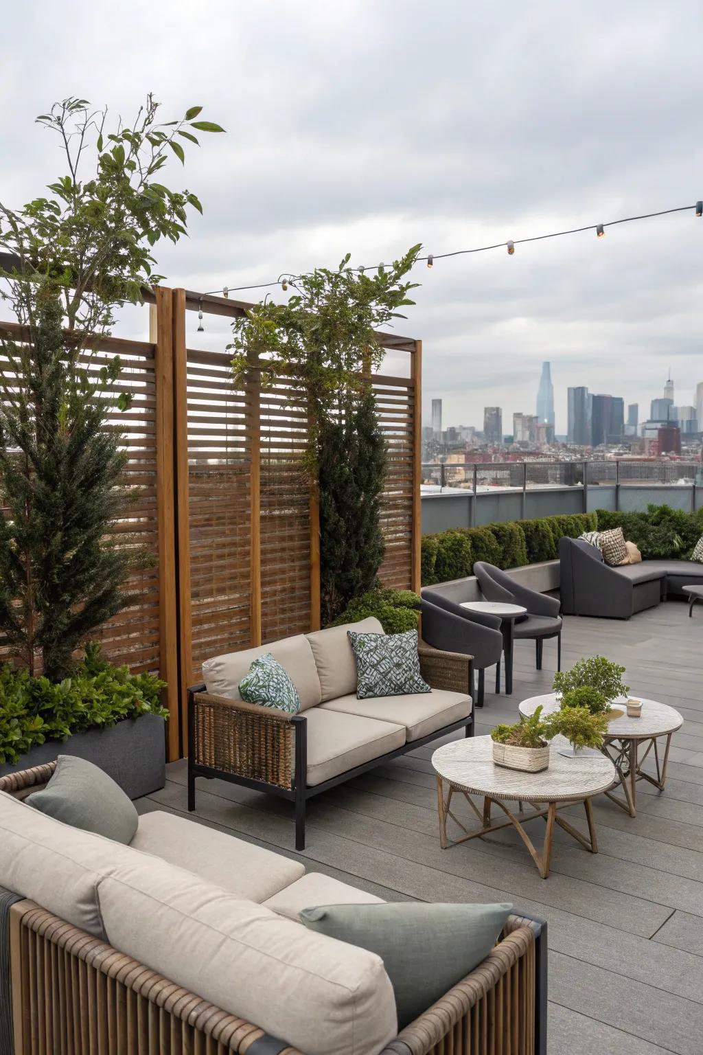 Create intimate spaces on your rooftop deck with privacy screens.