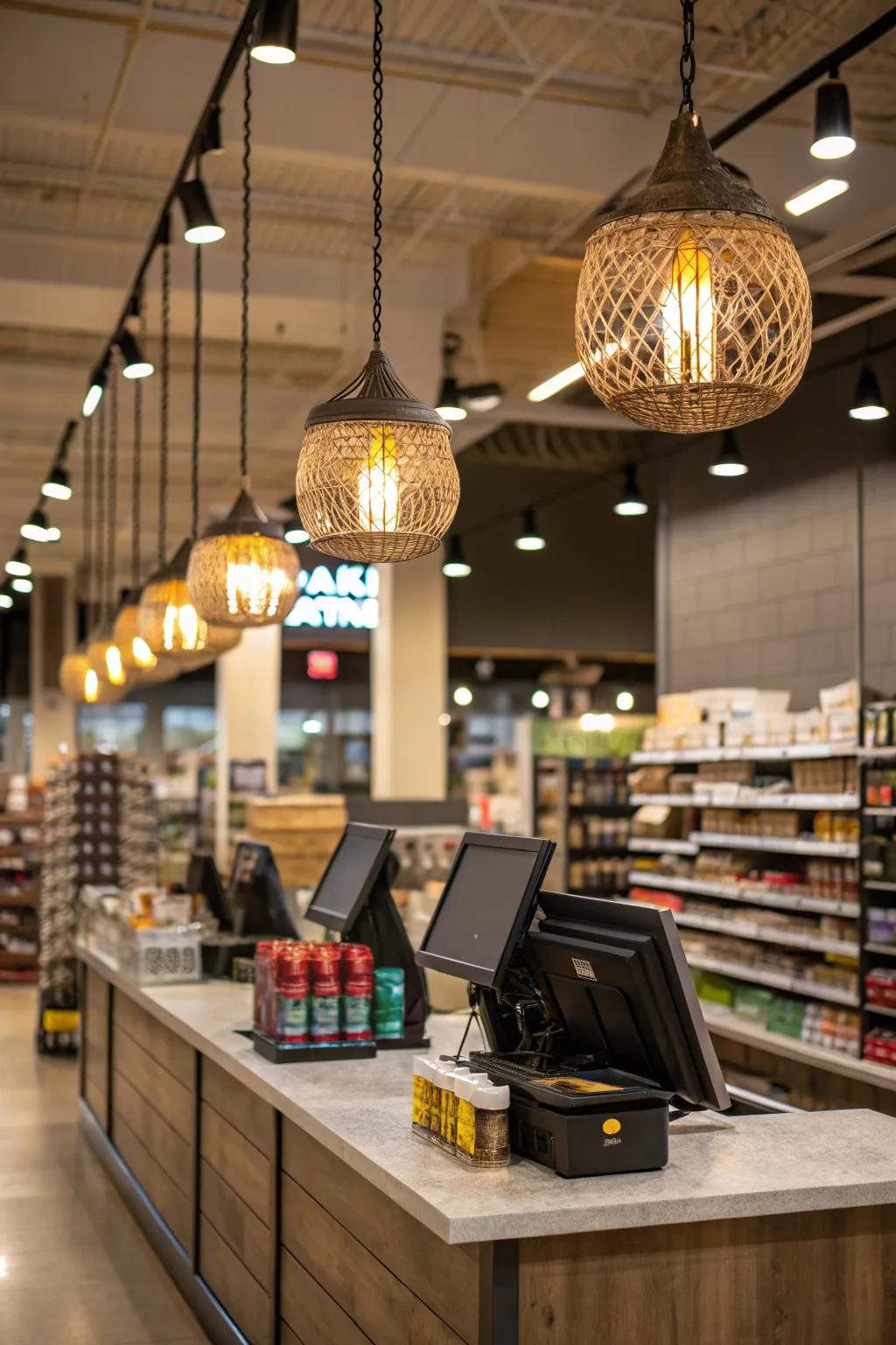 Pendant lights adding elegance and focus in a store setting.