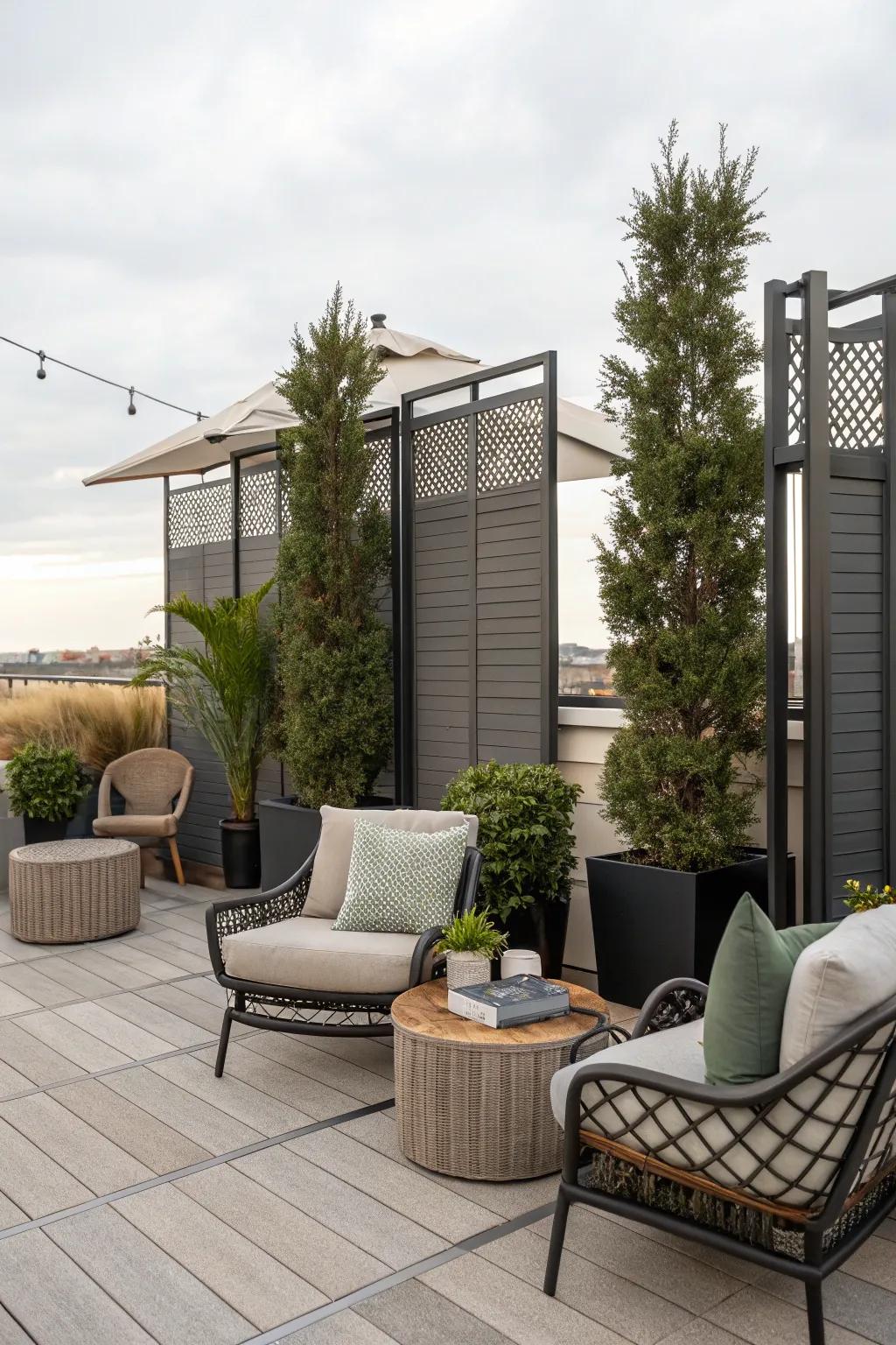 Privacy panels provide a sense of seclusion on a bustling rooftop.