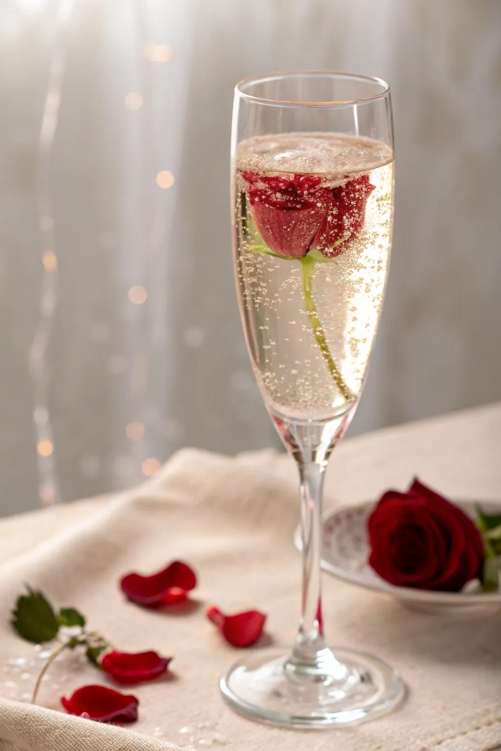 A glass of champagne with a rose petal for a romantic toast