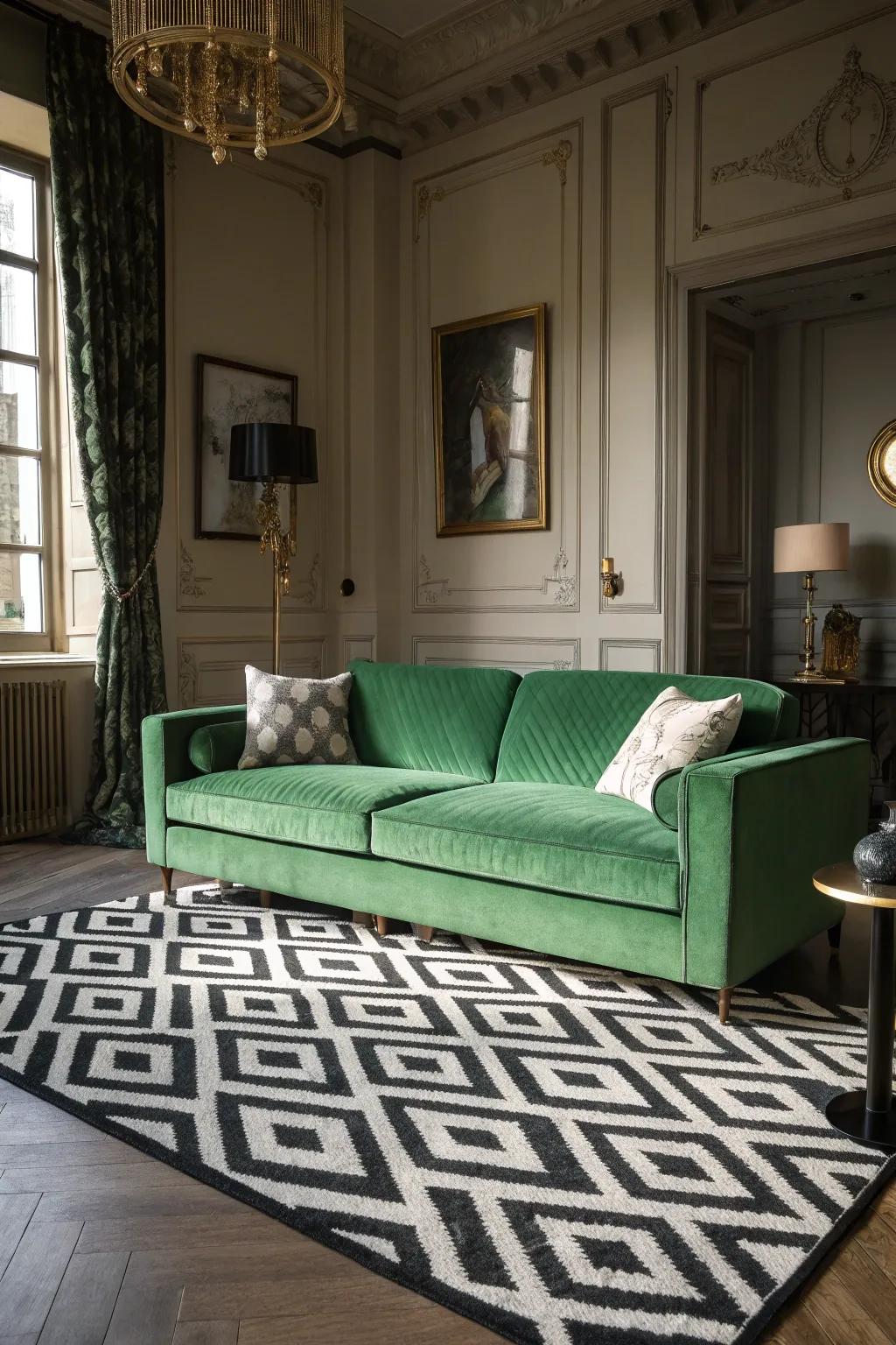 Black and white rugs create a bold visual impact.