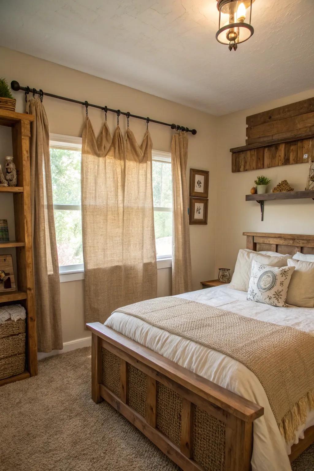 DIY decor adds a personal touch to this rustic bedroom.