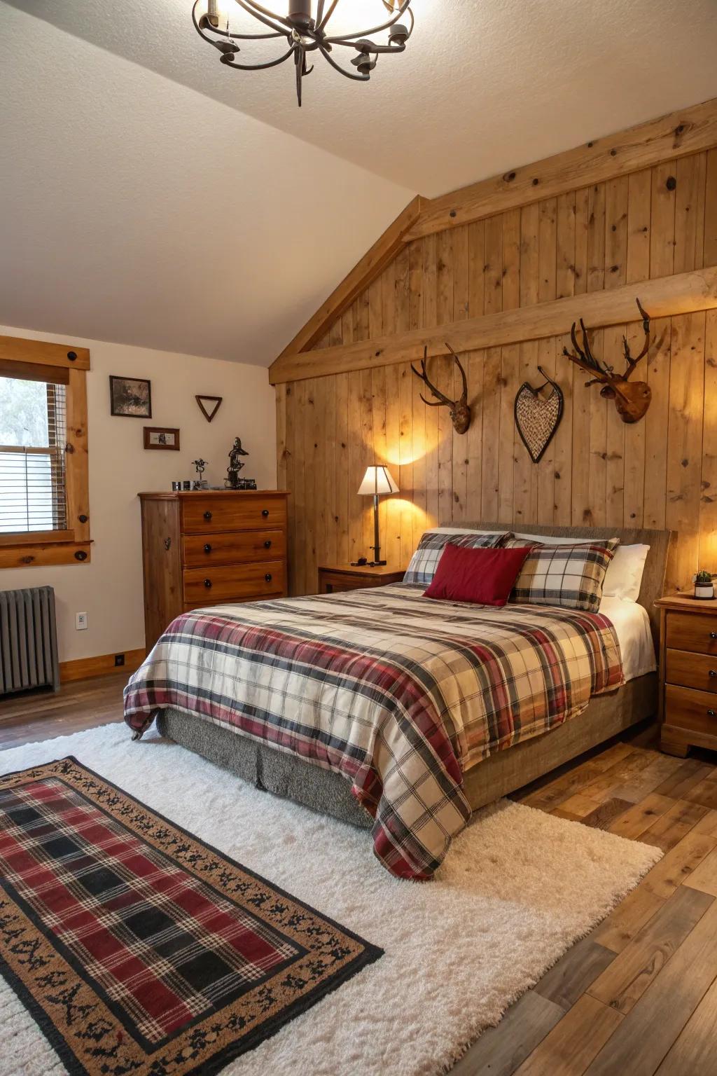 Antler decor adds a wild, natural touch to rustic bedrooms.