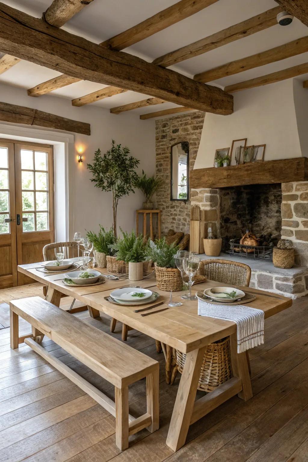 A rustic dining room centered around a farmhouse table.