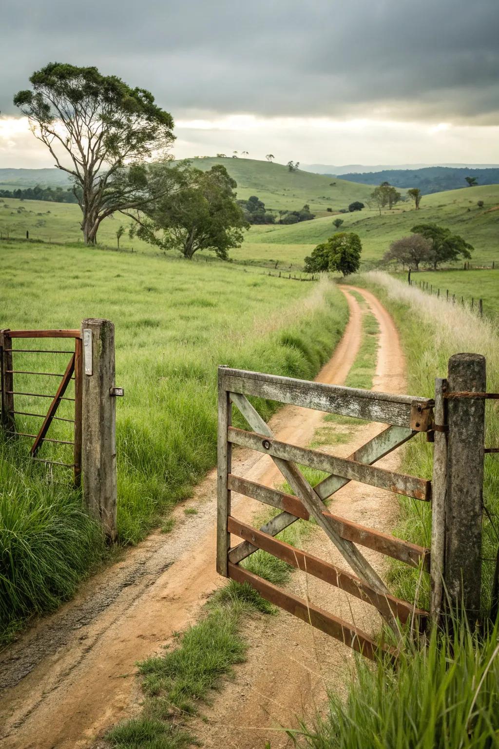 A stylish double swing gate at a farm entrance.