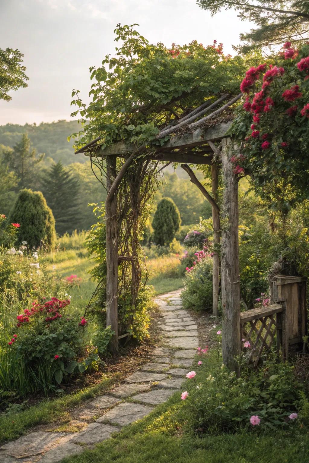 A charming arbor draped in lush climbing greenery.