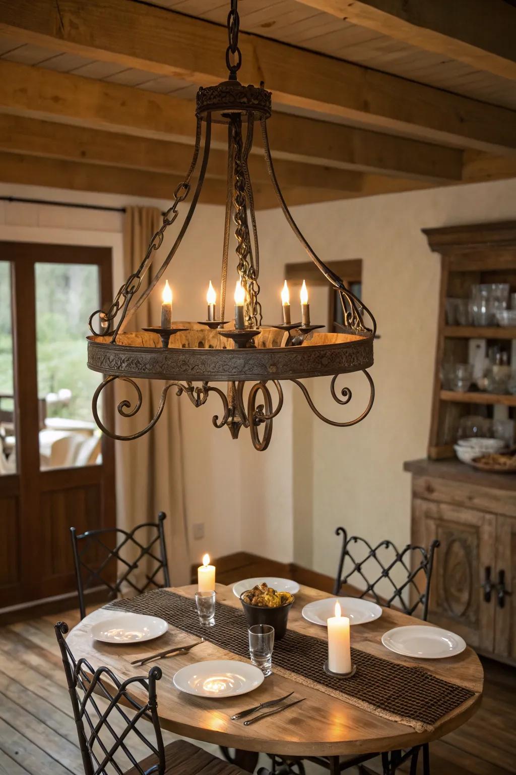 Wrought iron lighting enhances the rustic dining experience.