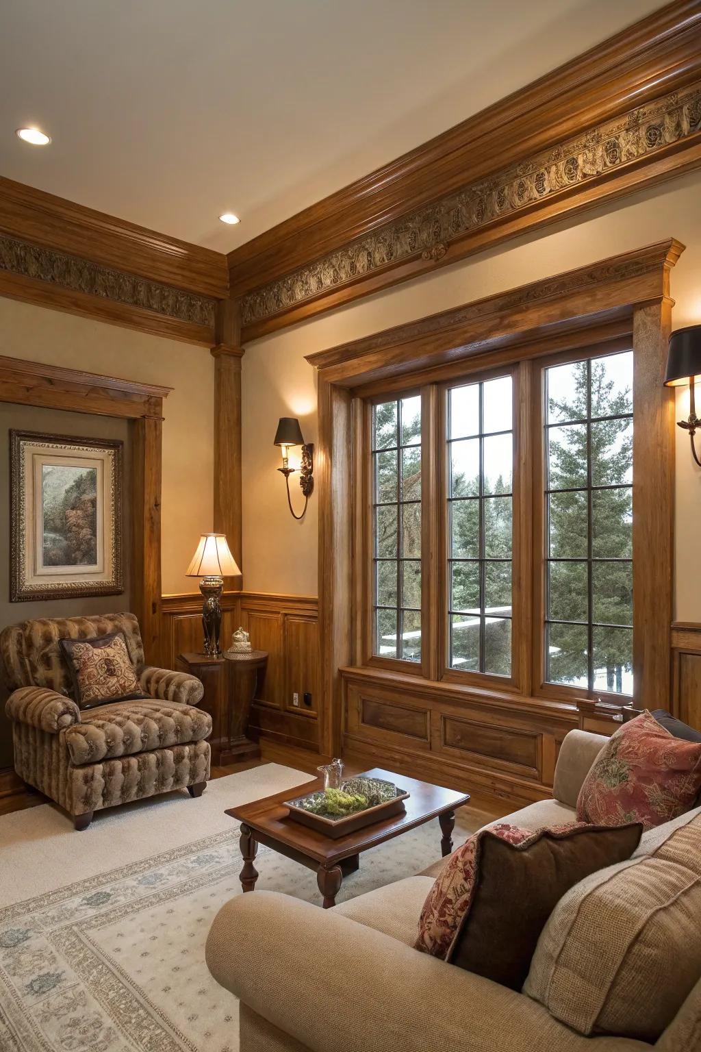 Crown molding adds elegance to rustic pine trims.