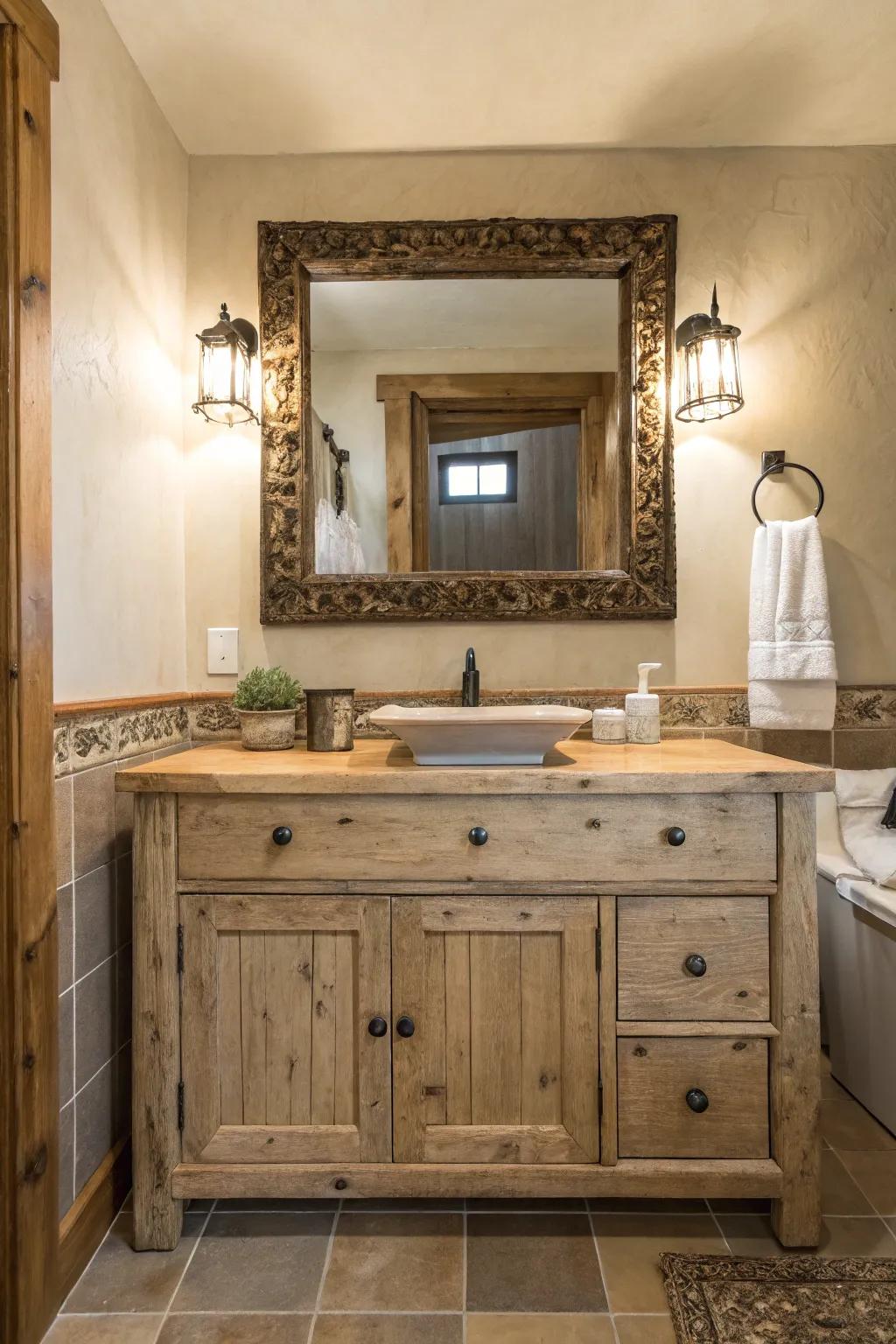 An antique mirror adds character and history to the bathroom.