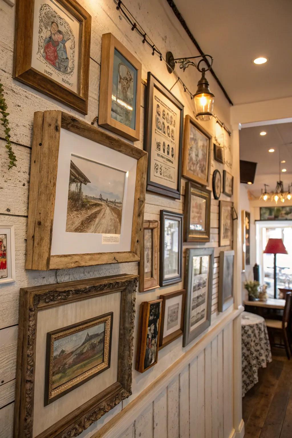 A rustic gallery wall featuring a blend of wooden frames and vintage artwork.