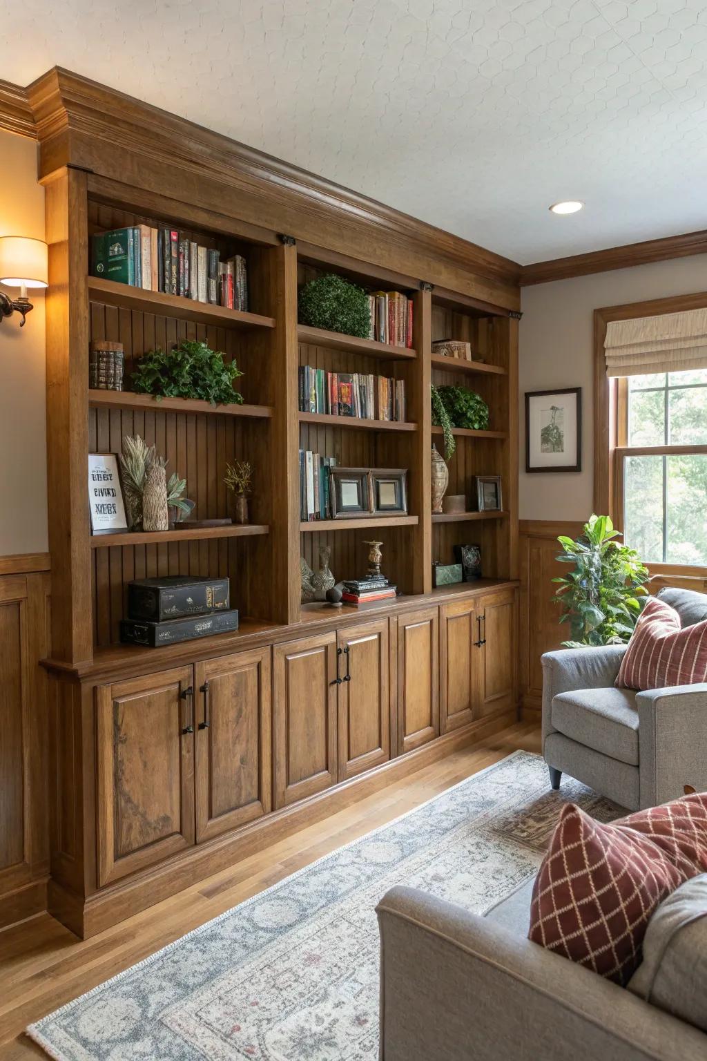 Built-in shelving with wainscoting provides a stylish and functional feature.