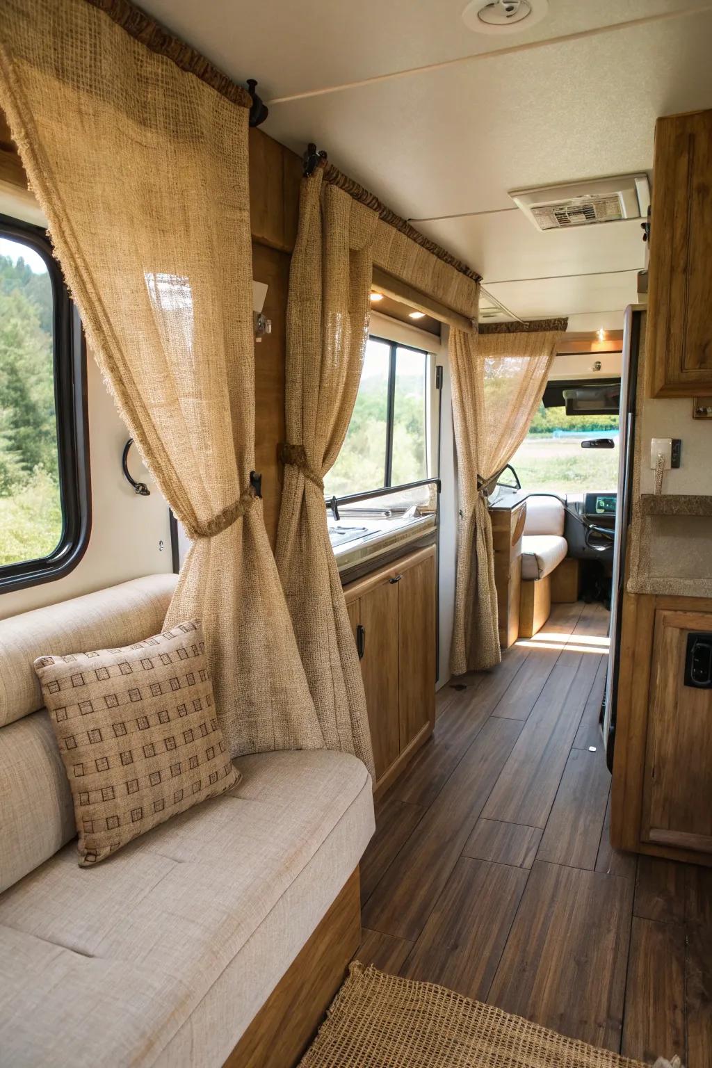 Bring rustic elegance to your RV with burlap curtains.