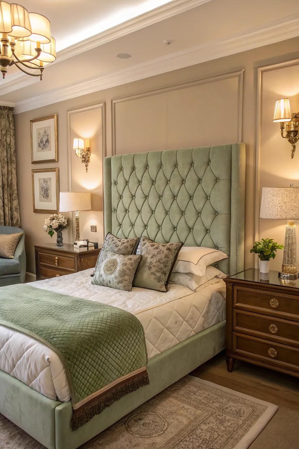 A sage green upholstered headboard adds elegance and serenity to your bedroom.