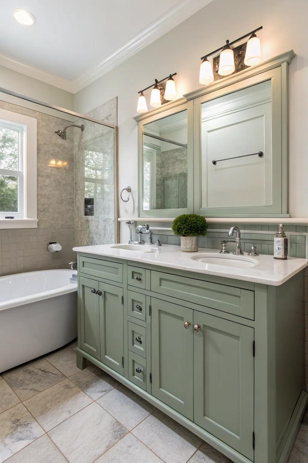 A bright bathroom featuring a sage green vanity complemented by white fixtures.