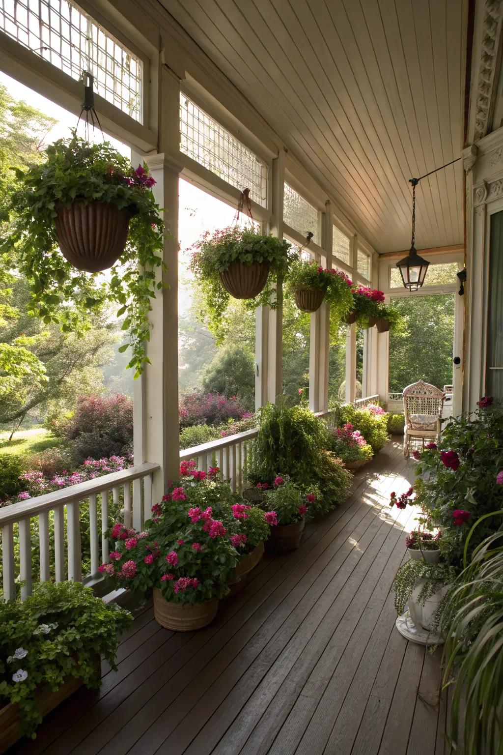 A floral-filled porch brings nature's elegance to your doorstep.