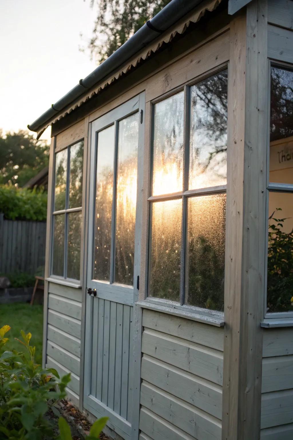 Reflective film maintains privacy while allowing natural light into the shed.
