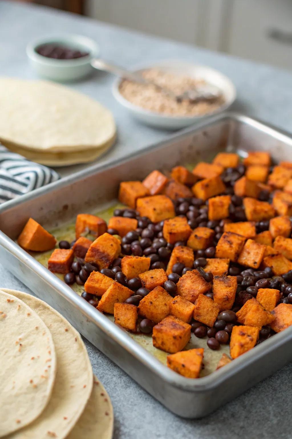 Sweet potato and black bean tacos, a colorful and tasty treat.