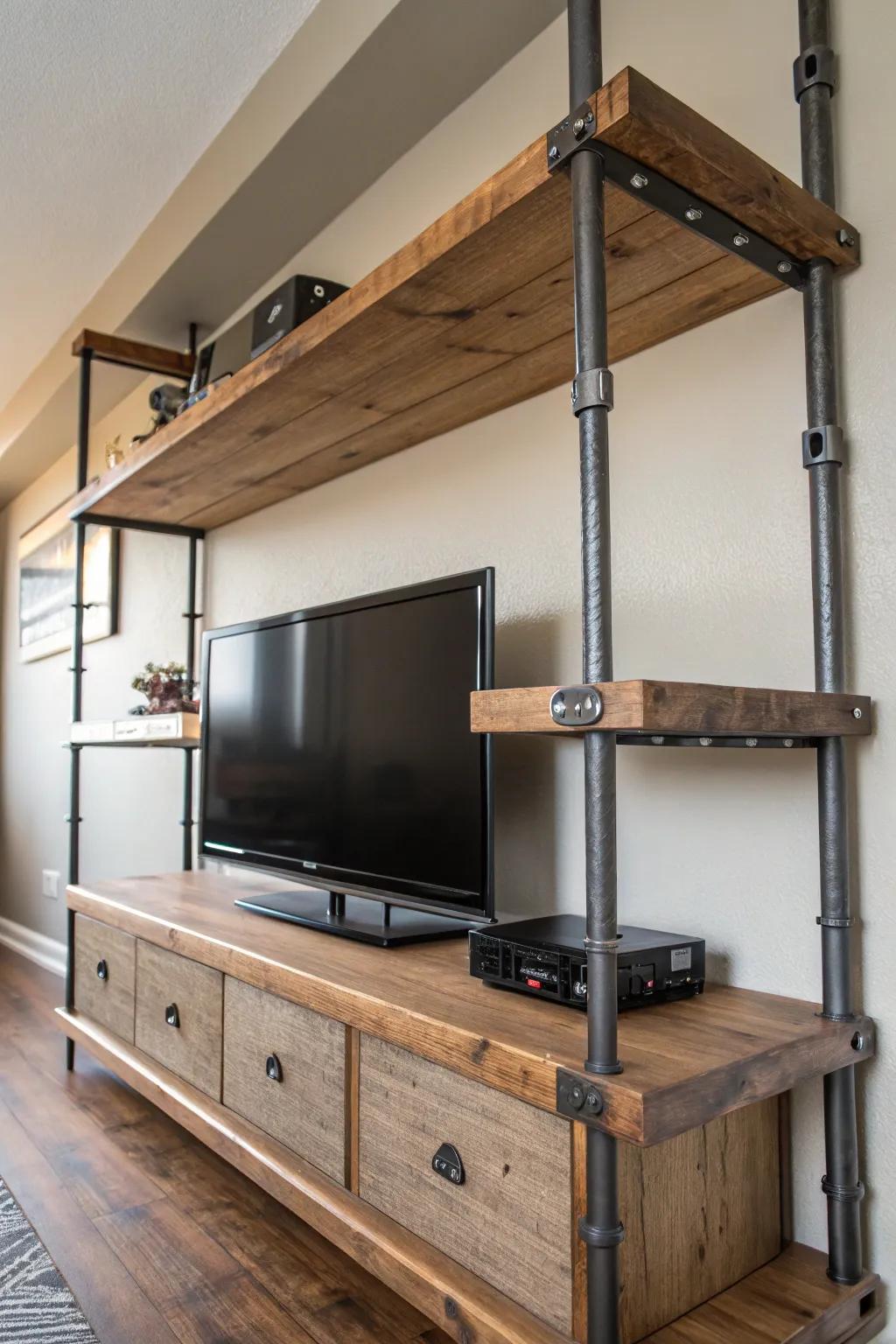 Industrial-style shelves add a modern touch above the TV.