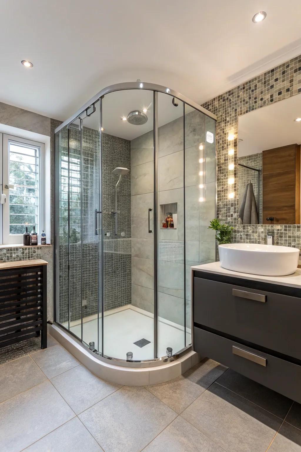 A curved glass enclosure adds sophistication and fluidity to this bathroom.