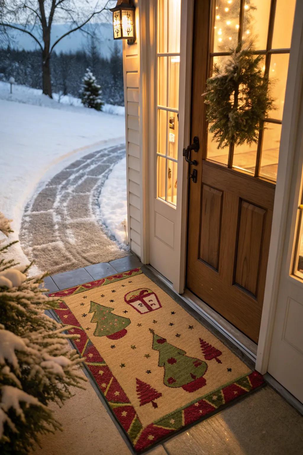 A cheerful doormat welcomes guests with holiday spirit.