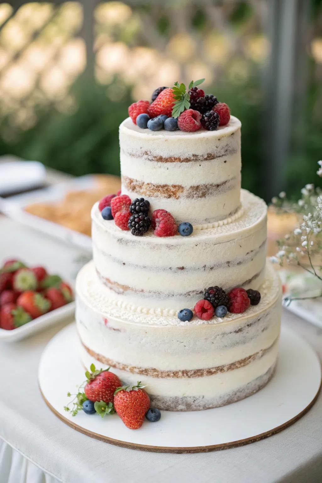 Rustic naked cake showcasing natural beauty.