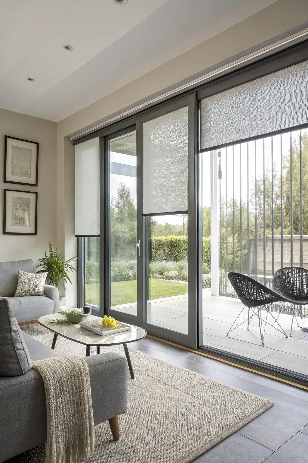 Panel track blinds provide wide coverage and style.