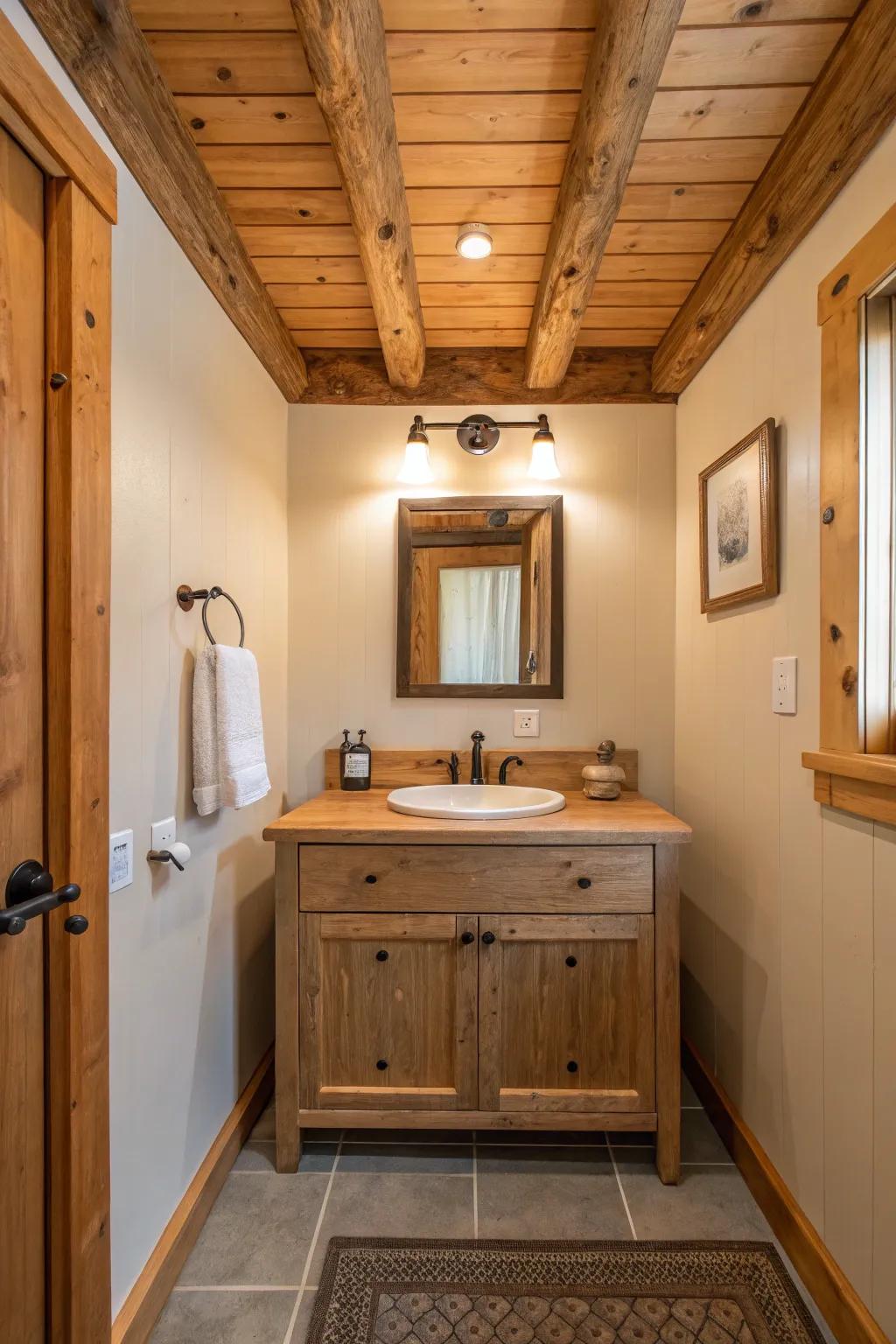 Matching wood elements create a cohesive bathroom design.