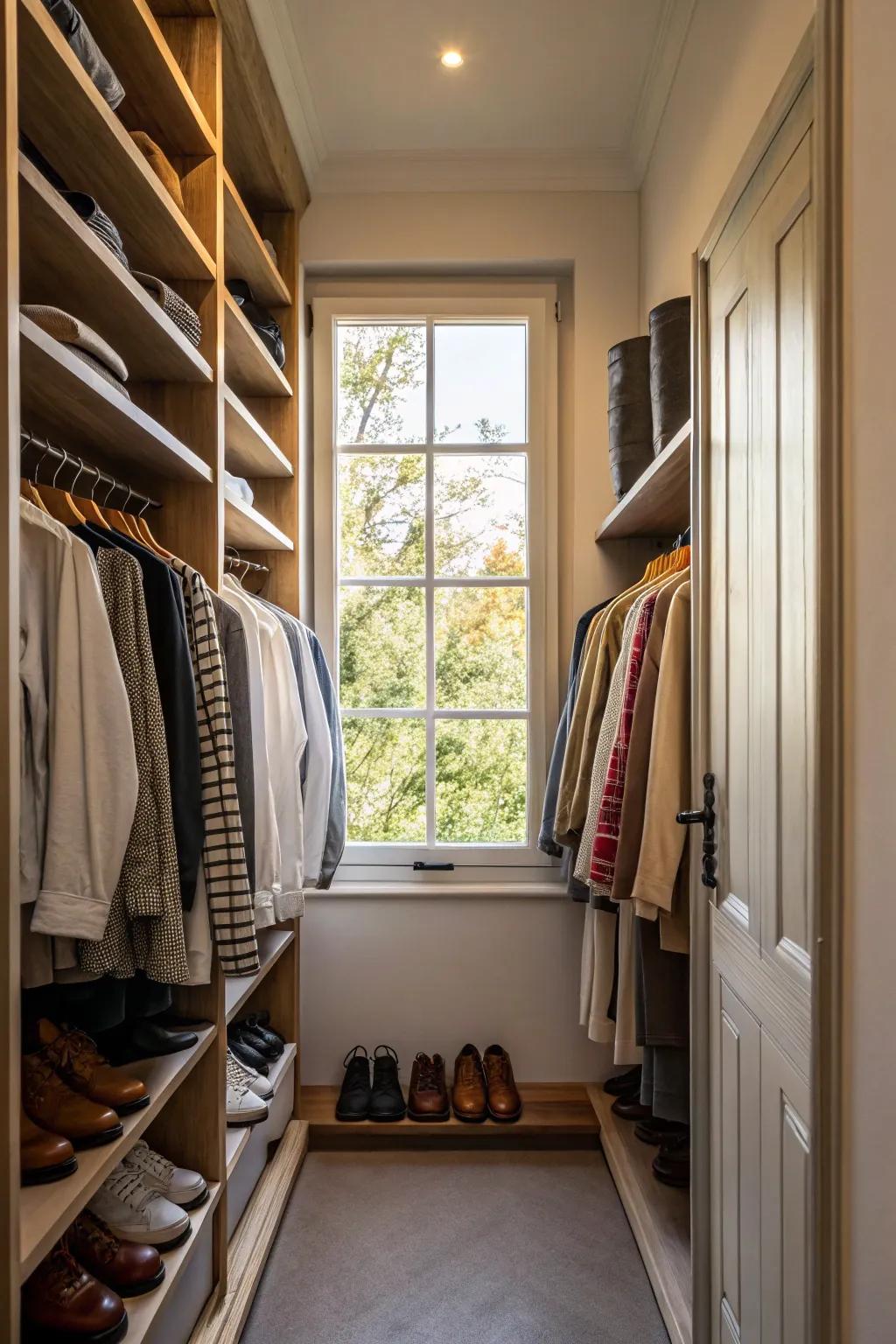 Natural light floods into a small, inviting closet.