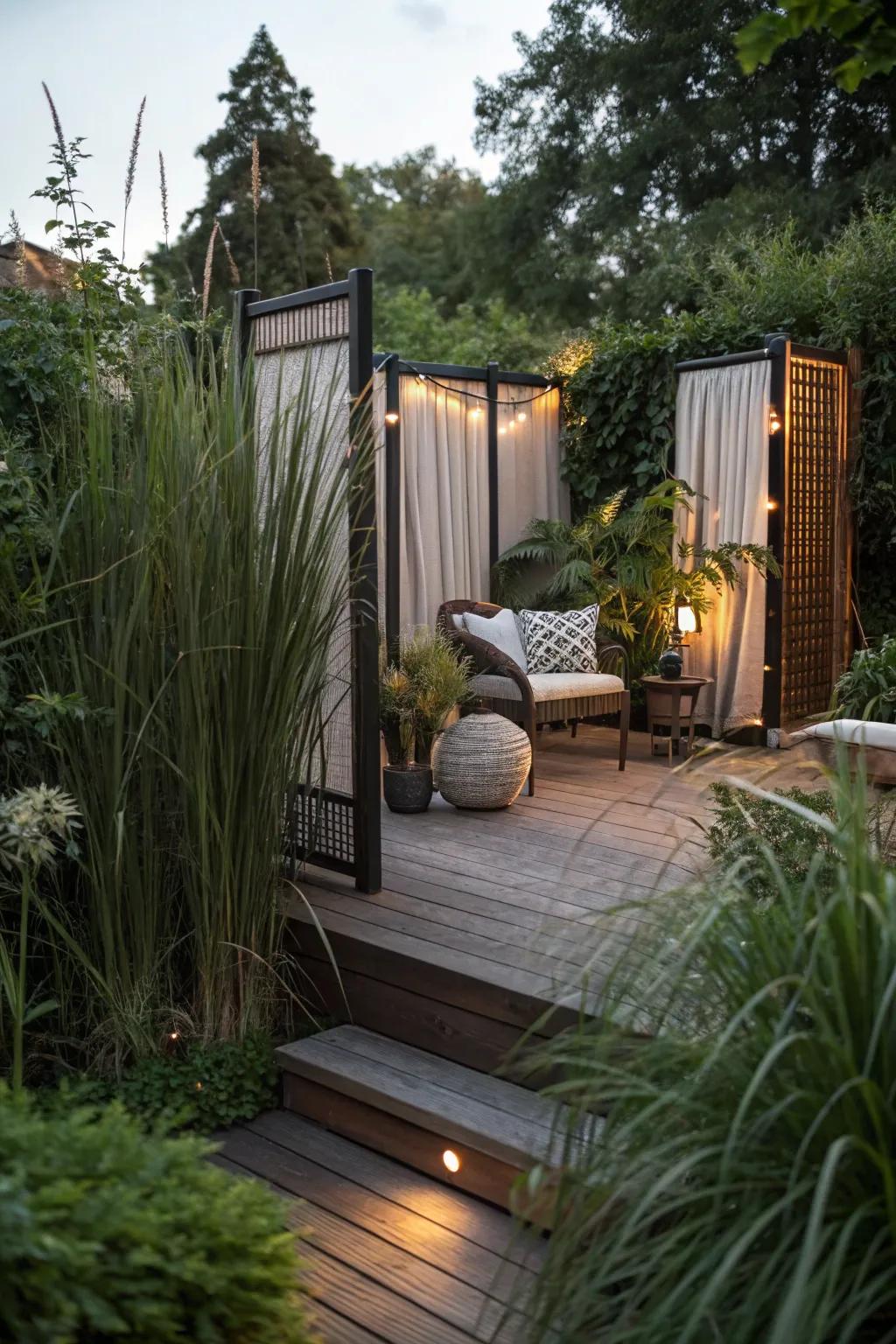 Plants and screens offer privacy and a sense of seclusion.