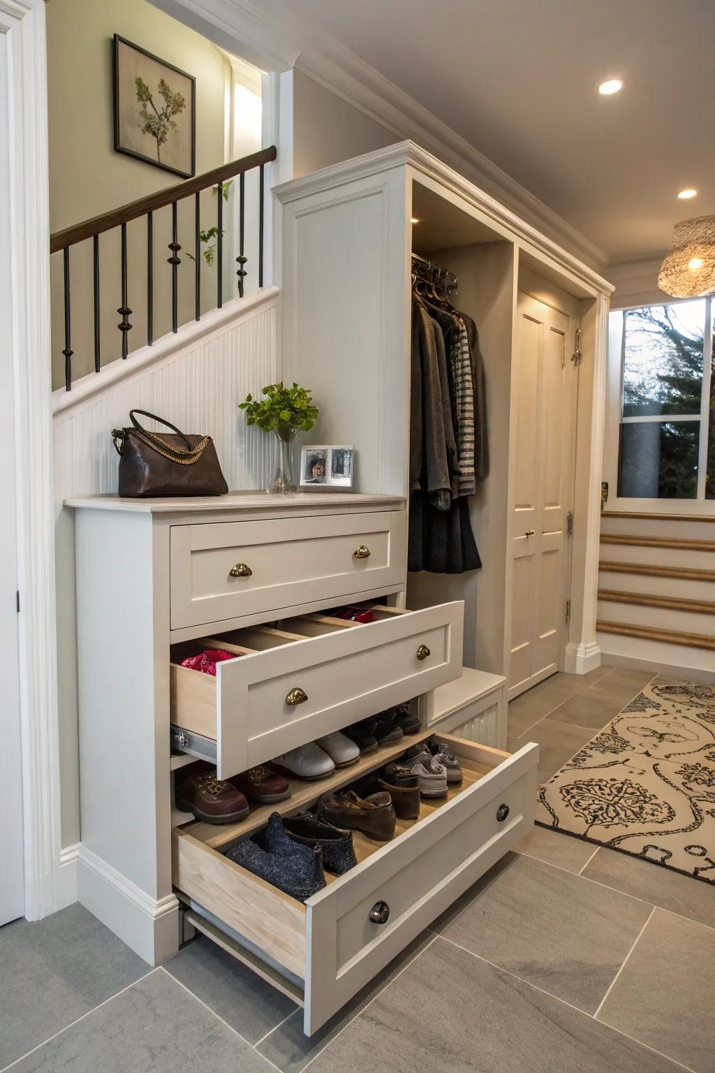 Hidden drawers in furniture offer discreet shoe storage.