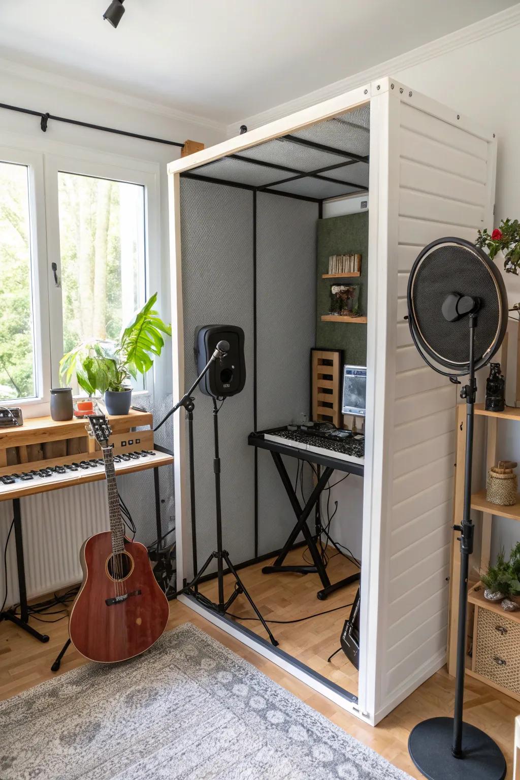 A foldable sound booth offers flexible recording options in small spaces.