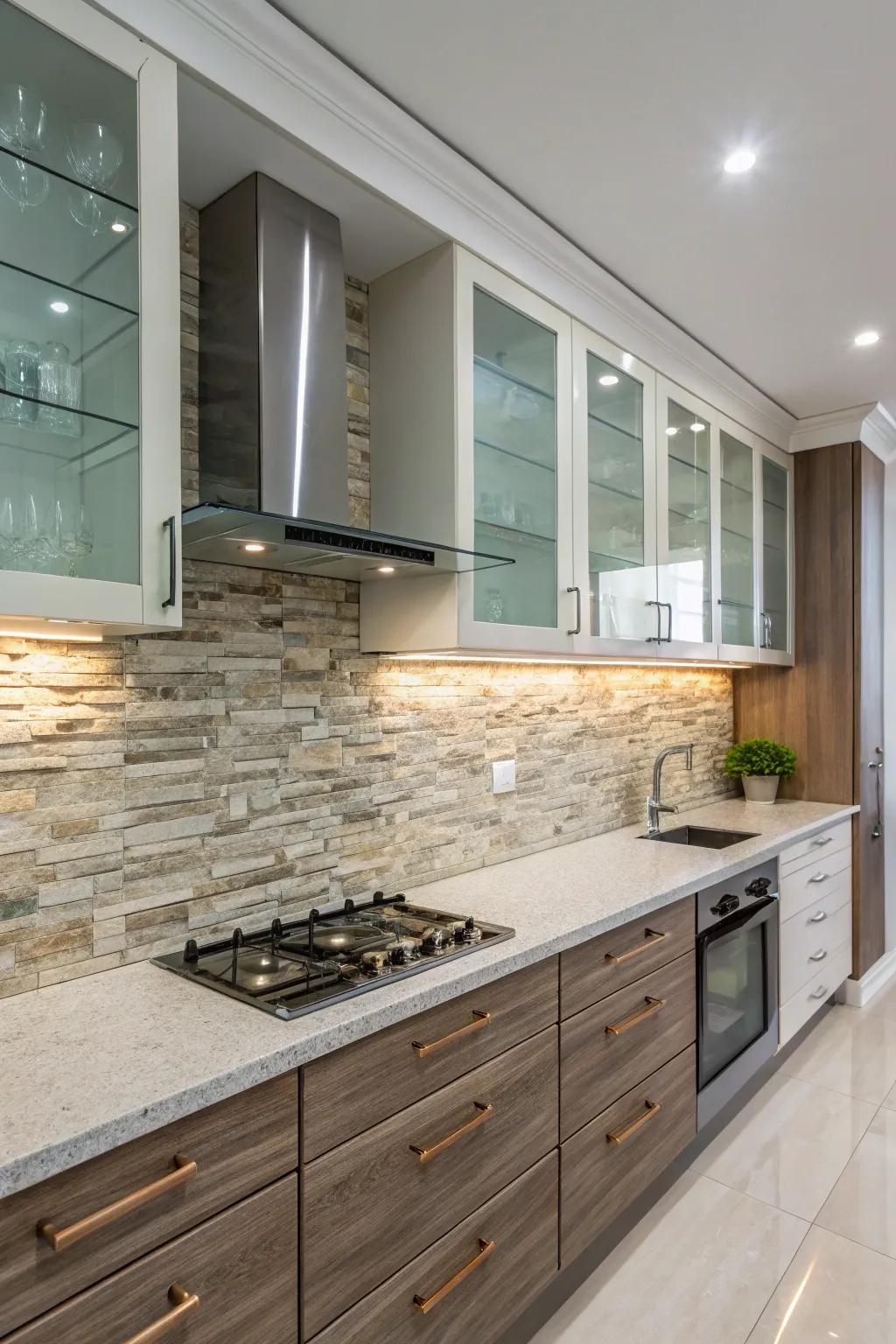 Create a unique look by mixing materials in your backsplash.