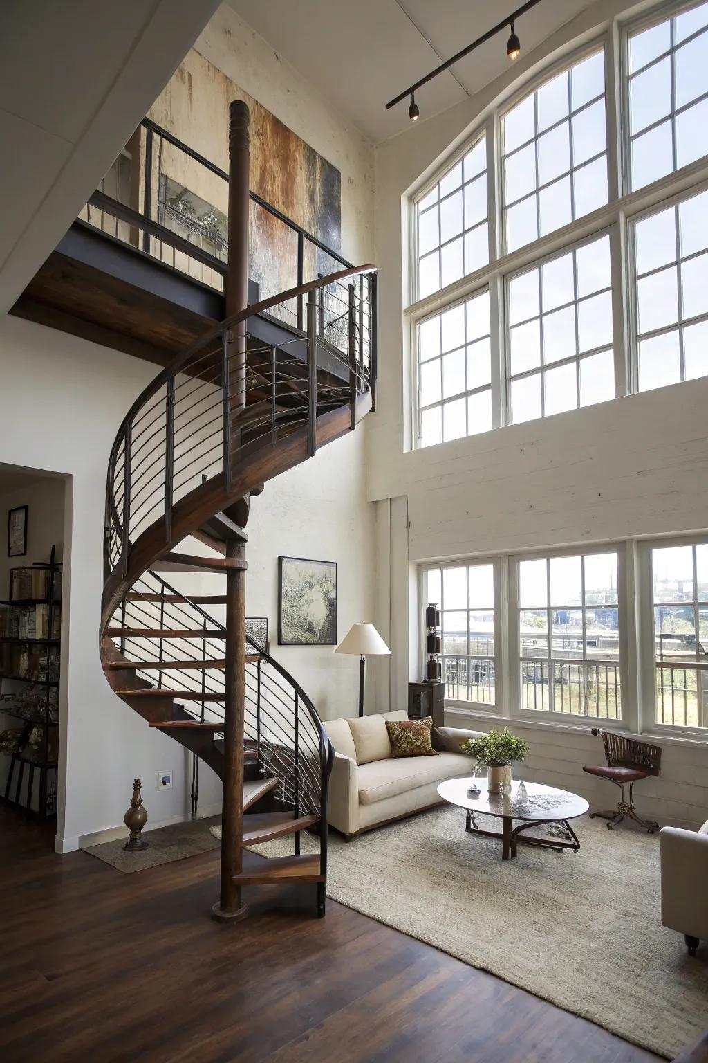 A spiral staircase adds both function and flair.