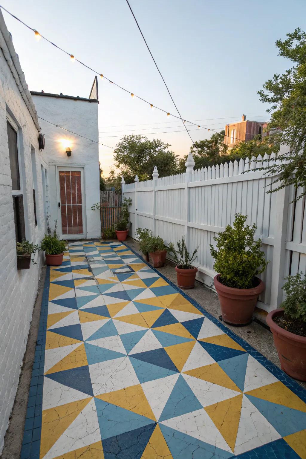 A painted geometric floor pattern adds style to a patio.