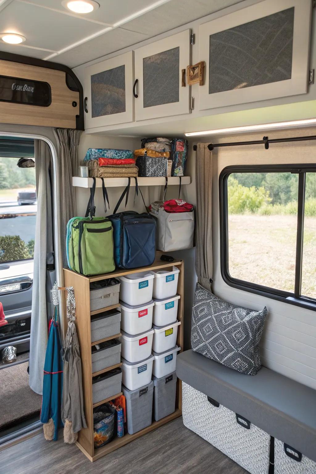 Innovative storage solutions help maintain a clutter-free RV environment.