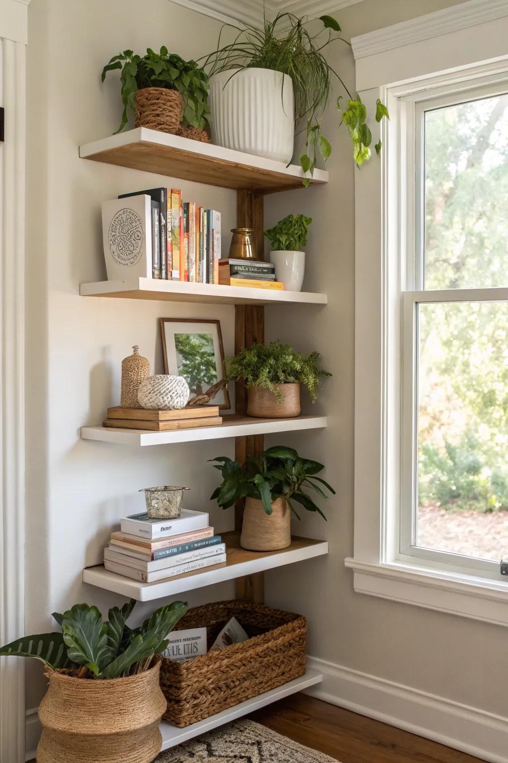 Stylish corner shelving making use of otherwise wasted space.