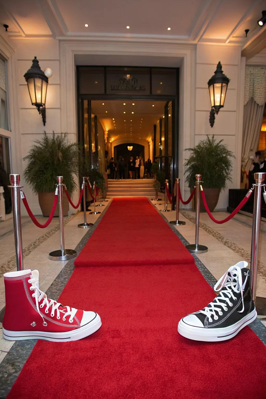 A glamorous red carpet entrance with sneaker props.