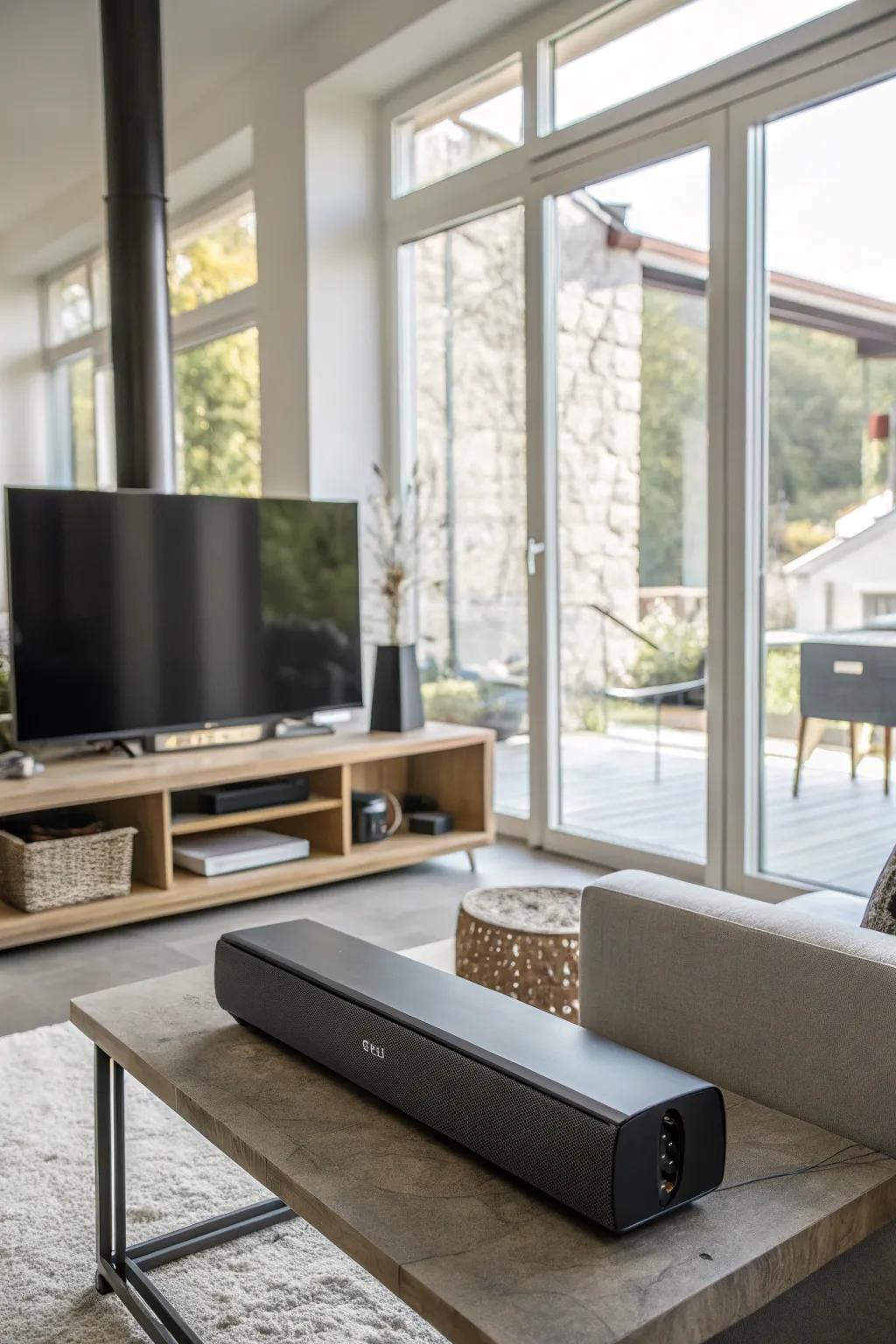 Minimalist tabletop soundbar placement for a clean look