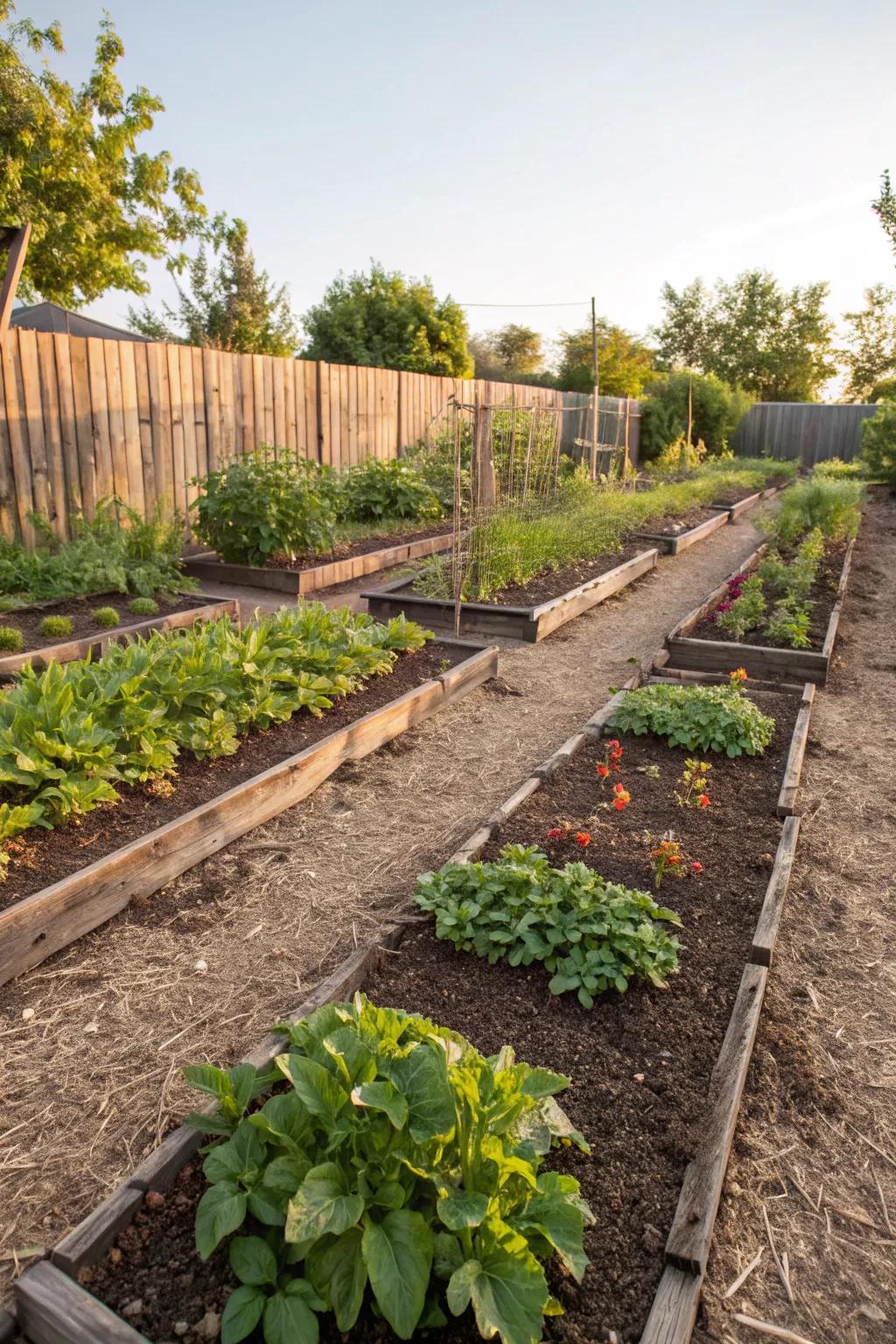 Mulched garden beds providing moisture retention and weed control.