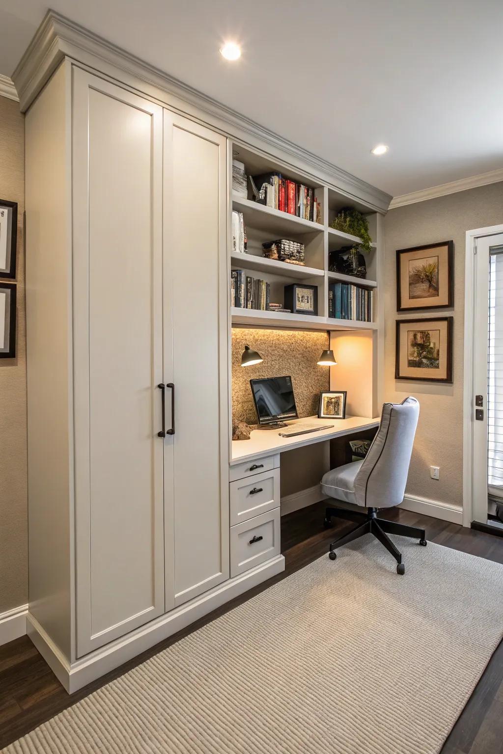 A Murphy bed offers a sleek, space-saving sleeping option.