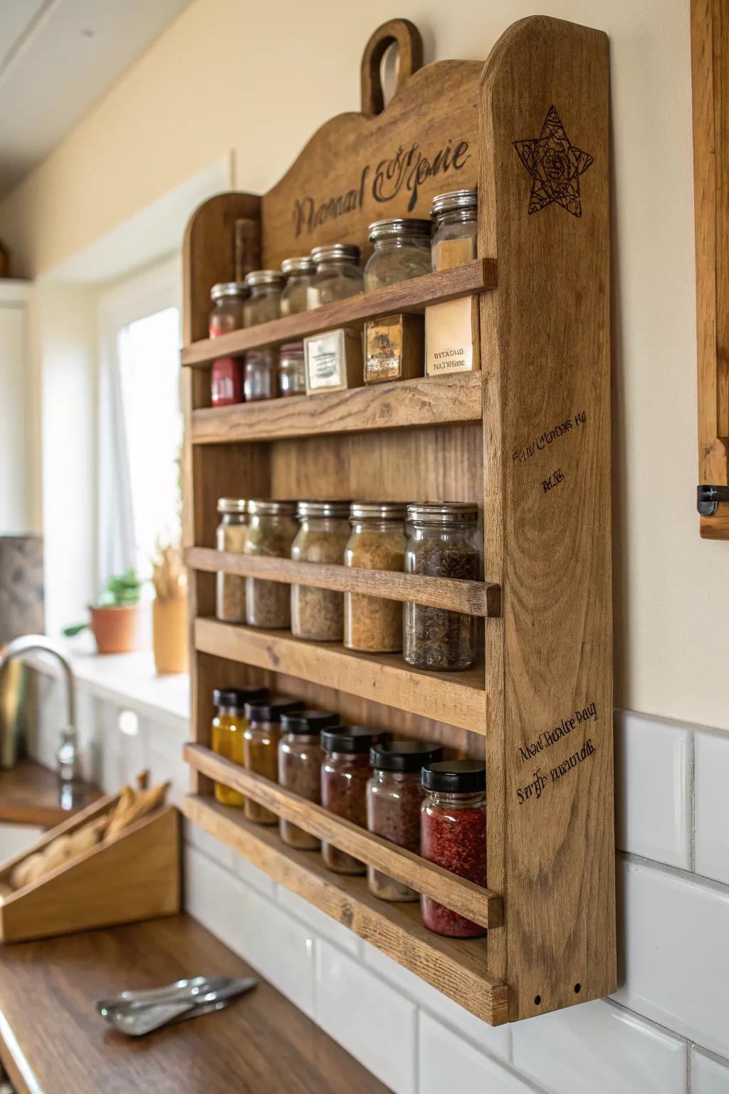 A charming DIY spice rack made from reclaimed wood.