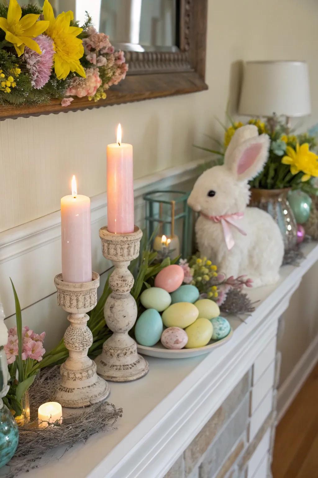 Candles create a warm and inviting atmosphere on the mantel.