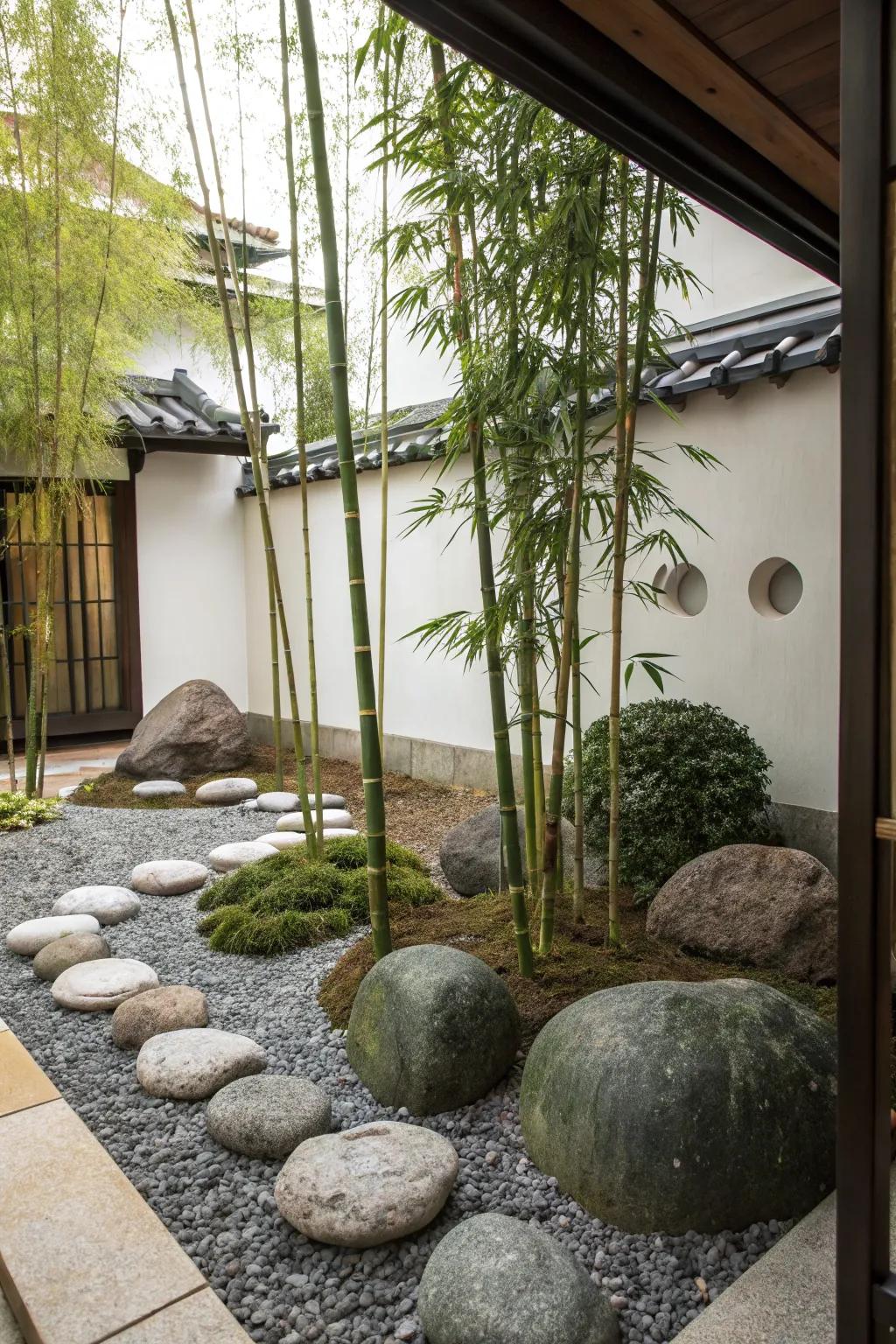 A zen garden with rocks and bamboo offers a peaceful retreat for meditation.