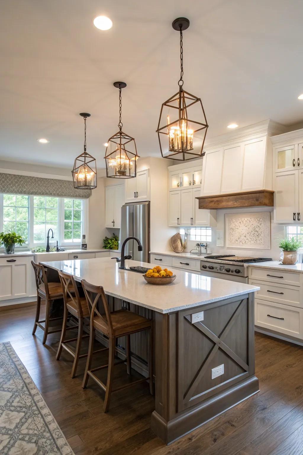 Pendant lights highlight key kitchen areas with style and focus.