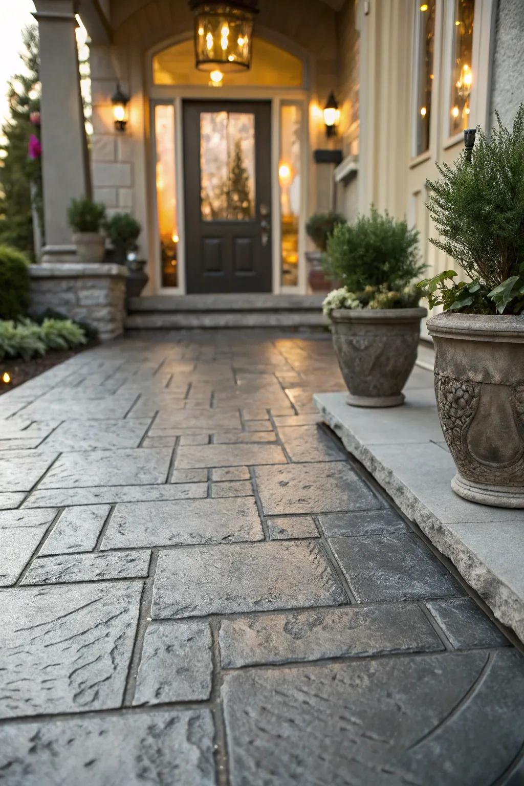 Slate-patterned concrete brings timeless elegance to this entryway.