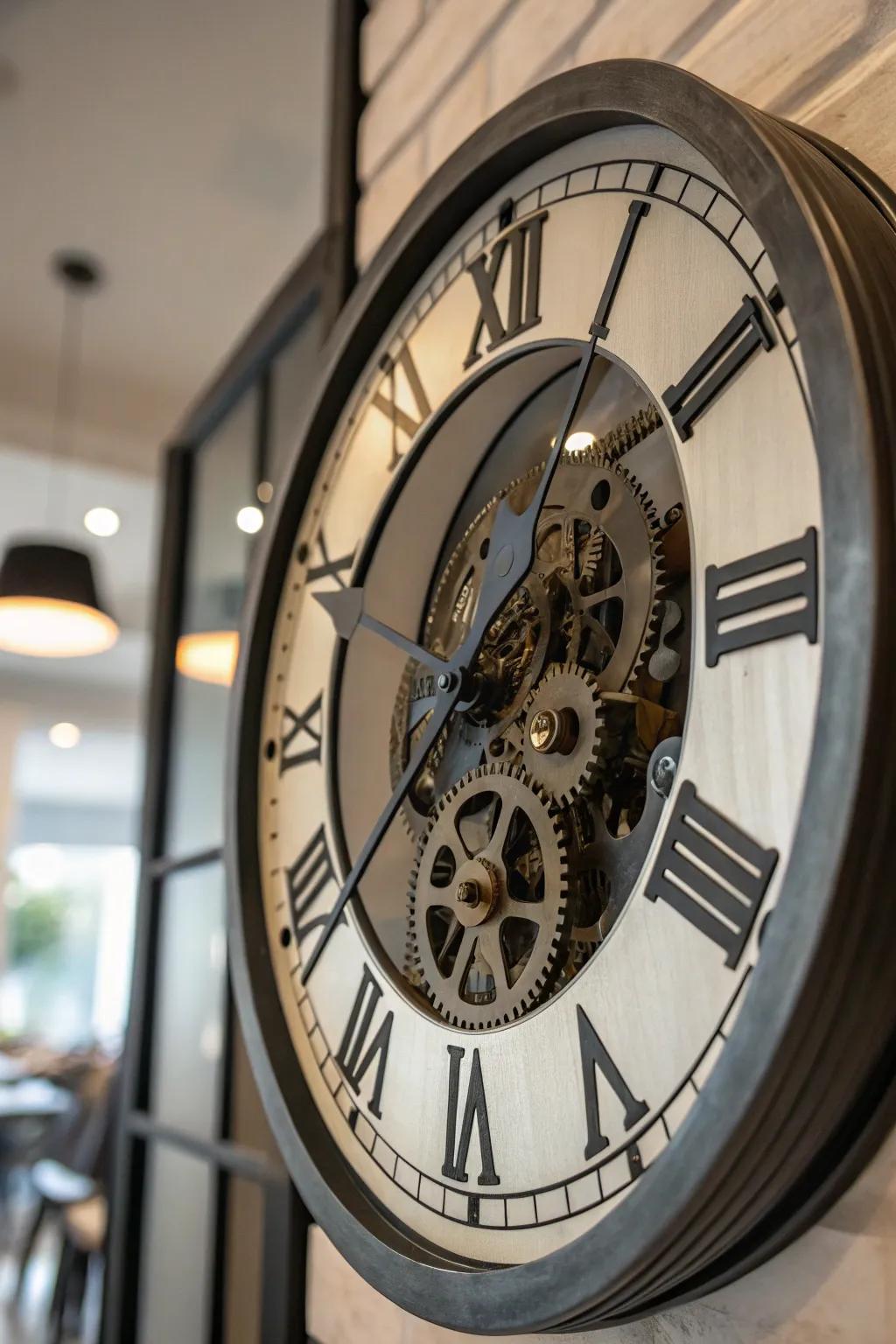 A mechanical clock becomes a focal point with its intricate, exposed gears.