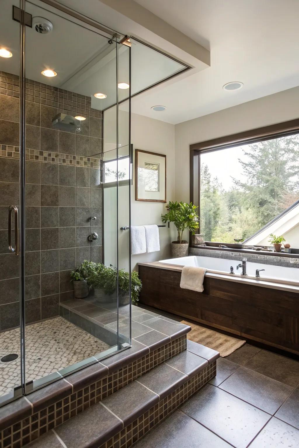 Bathroom featuring an integrated step-down shower and bathtub for versatility.