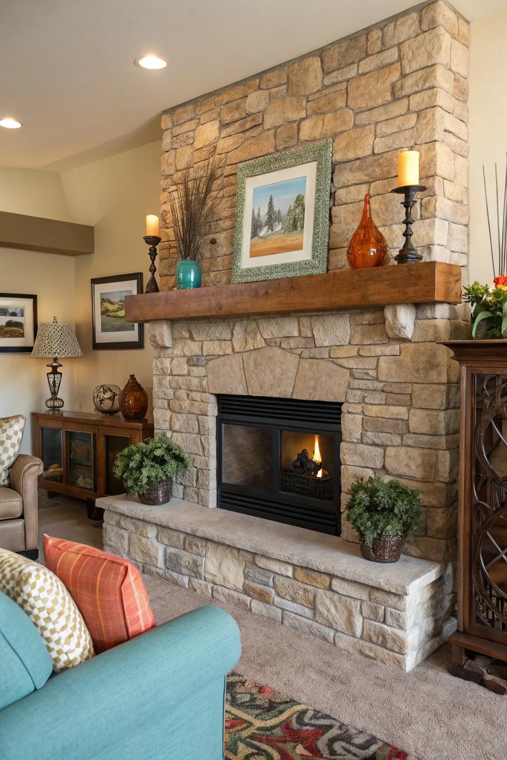 A creative space with a stone fireplace featuring an artistic mantel display.