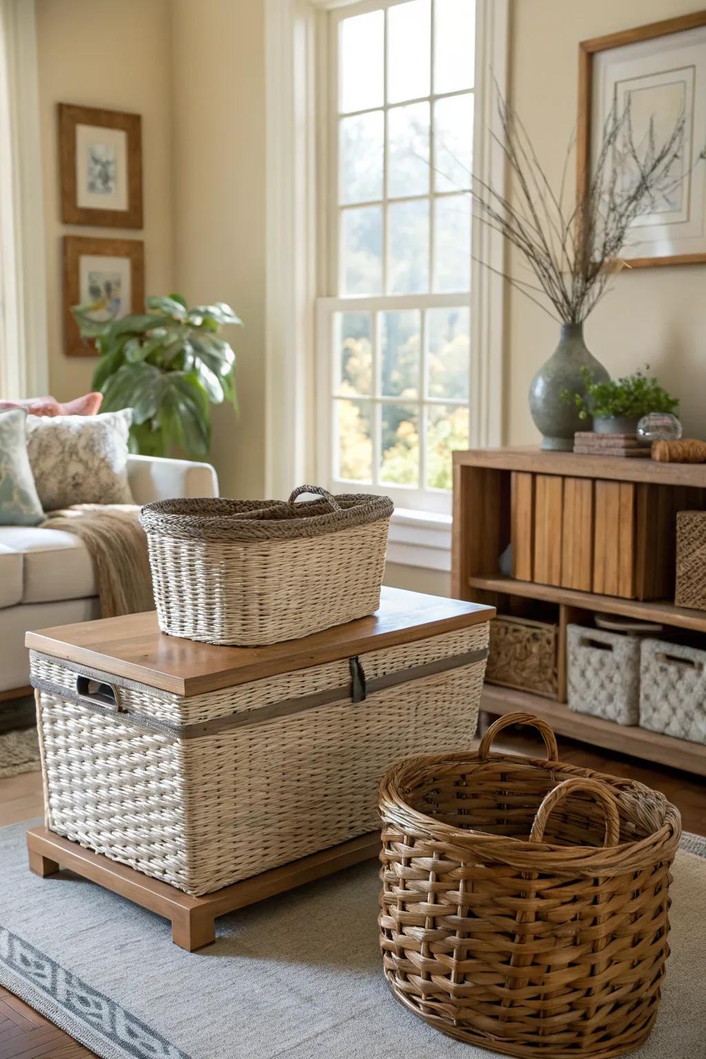 Living room with woven baskets for storage.