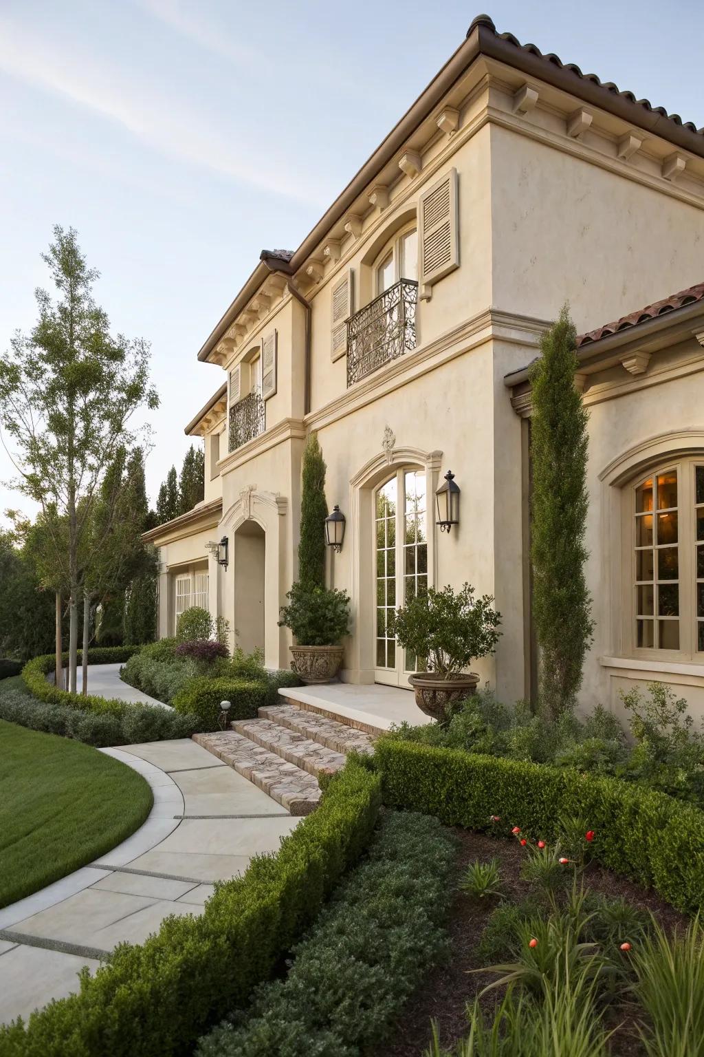 Keystones add classical elegance to this detailed stucco home.